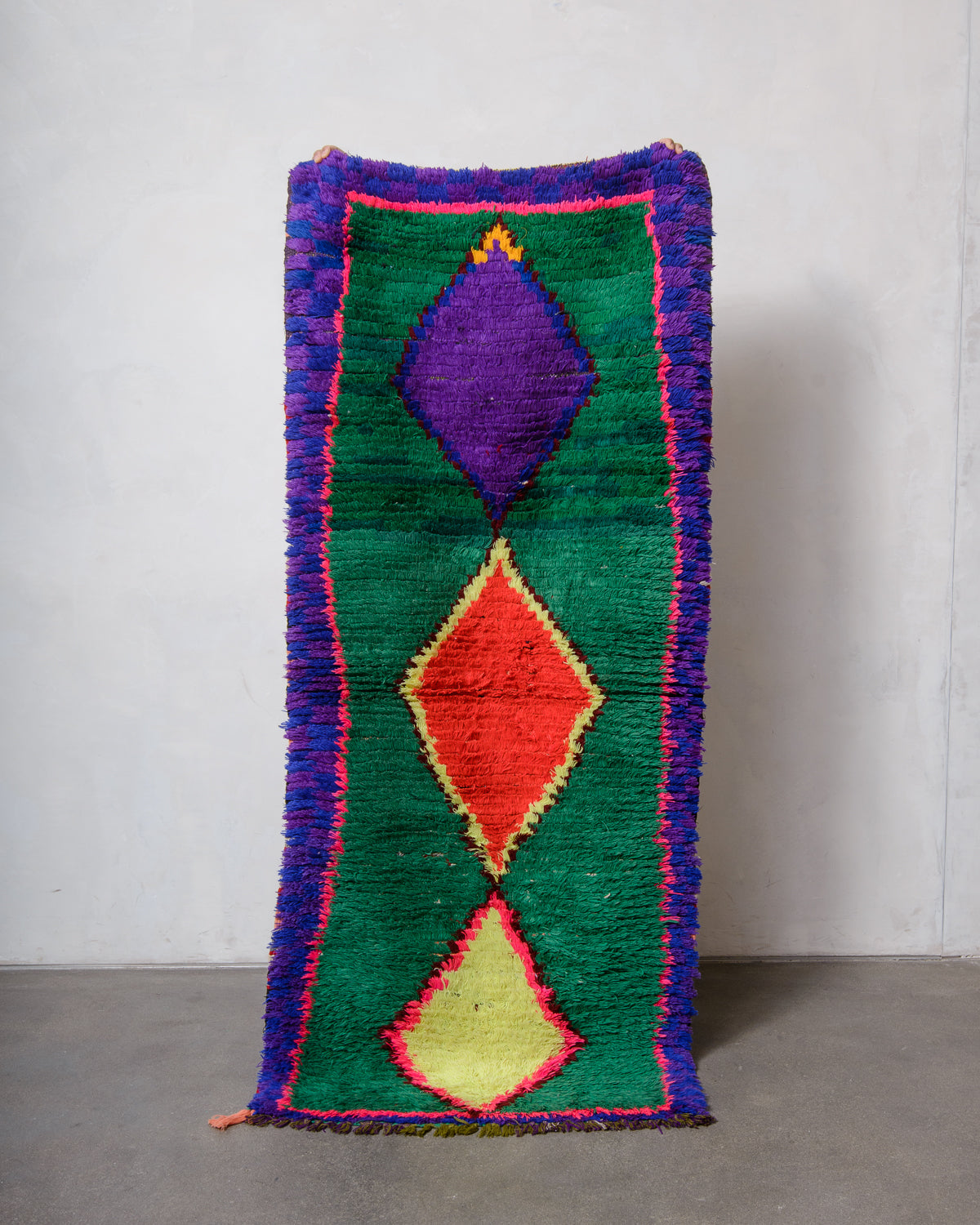 Modern, designer, handcrafted Berber runner rug from Morocco. Vintage carpet with beautiful colours and patterns and fluffy texture.